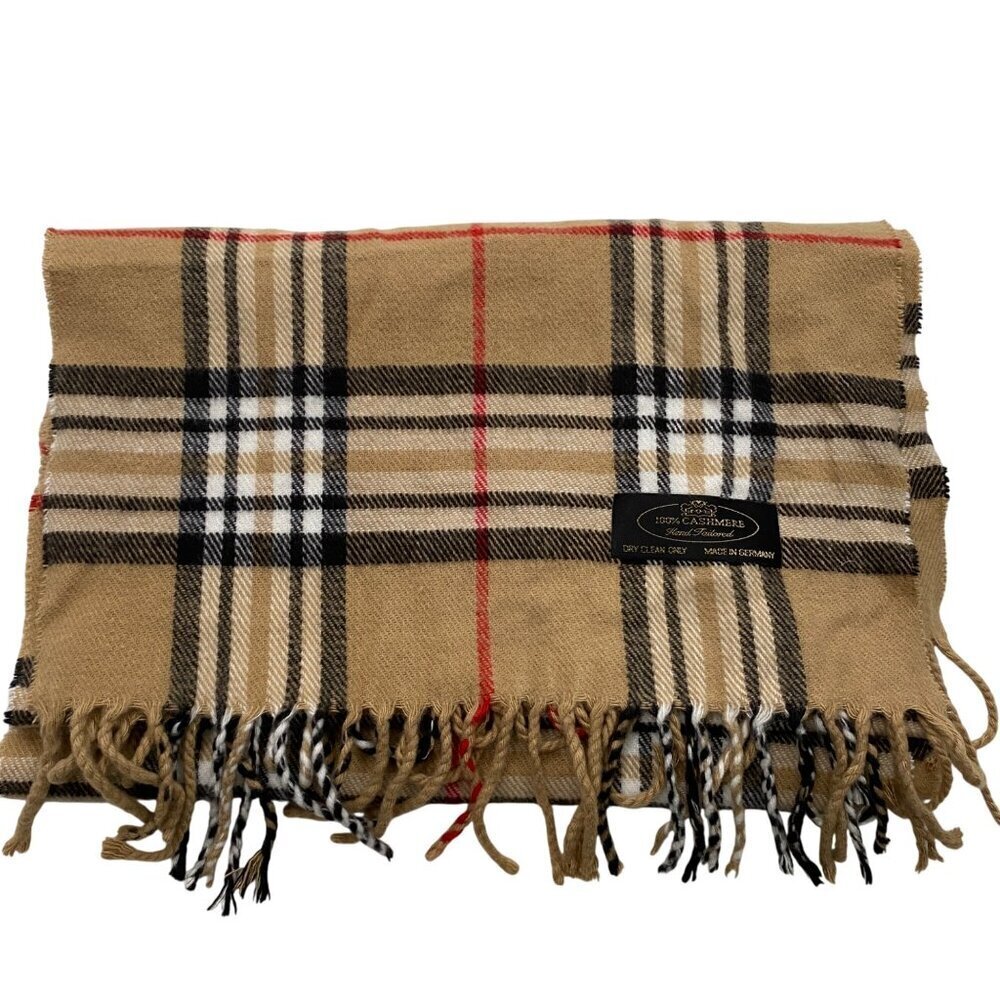 Neutral Plaid 100% Cashmere Scarf With Fringe Dry Clean Only Made In Germany